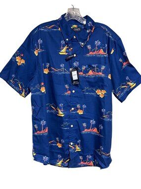 Chaps Mens Hawaiian Floral Print Shirt Short Sleeve Blue Size L Resort Wear